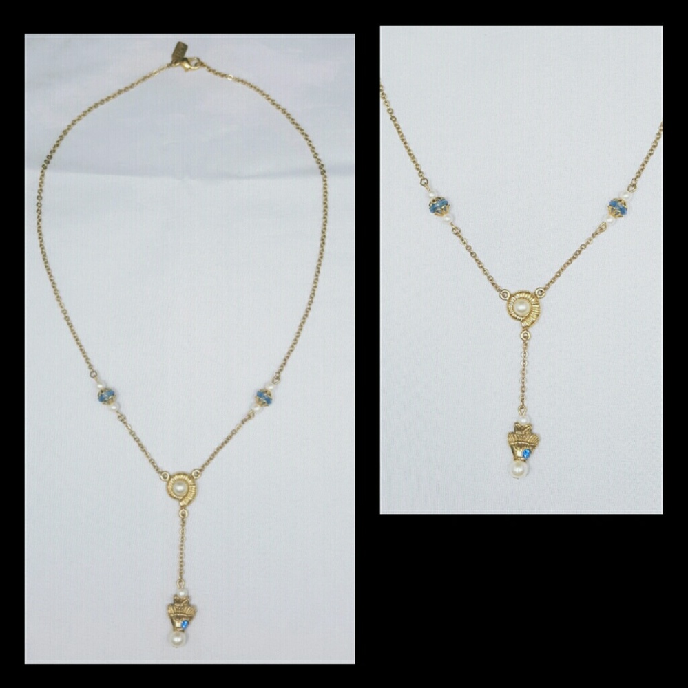 Vintage 1928 Gold Dangling Faux Pearl Necklace
